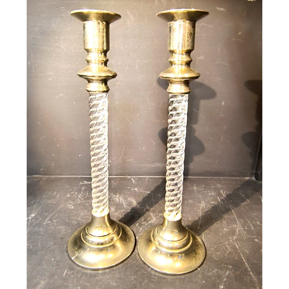 1994.  Vintage Twisted Lucite Silver Tone Taper Candlestick Holder Set